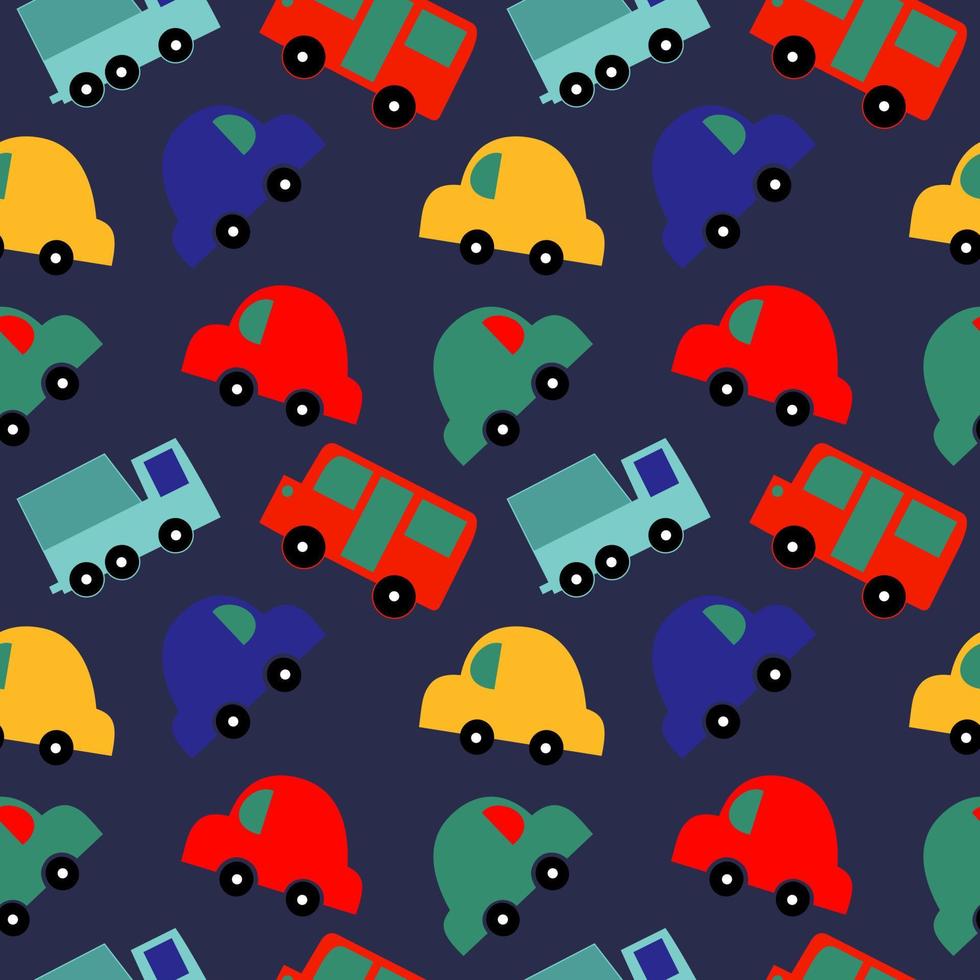 Flat style Cartoon car Seamless Vector pattern isolated on navy blue background.