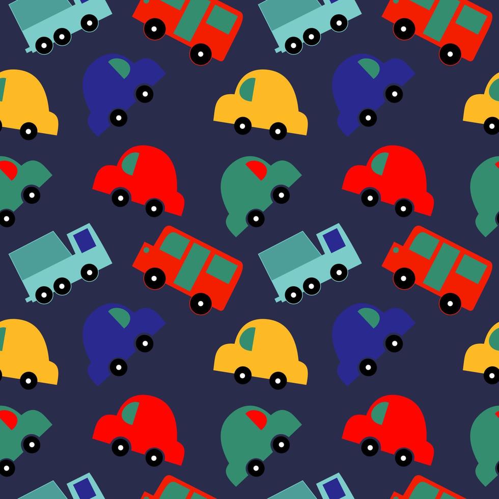 Flat style Cartoon car Seamless Vector pattern isolated on navy blue background.