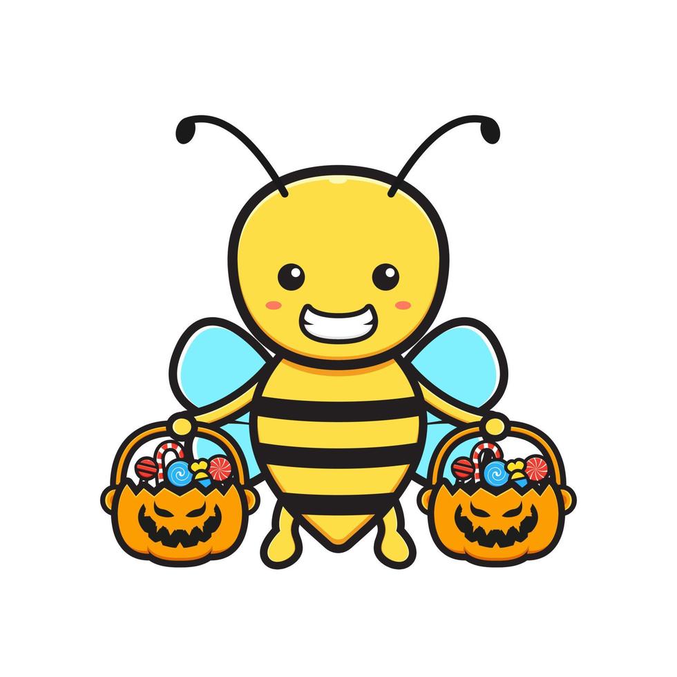 Cute bee holding candy pumpkin halloween mascot icon cartoon illustration vector