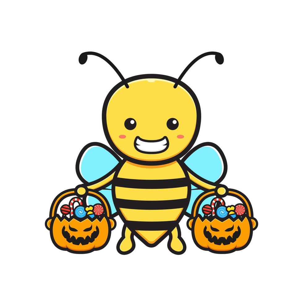 abeja linda con calabaza de caramelo icono de mascota de halloween ilustración de dibujos animados vector