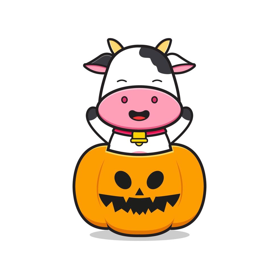 Cute Cow With Pumpkin Halloween Mascot Icon Cartoon Illustration Flat cute-cow-with-pumpkin-halloween-mascot-icon-cartoon-illustration-flat