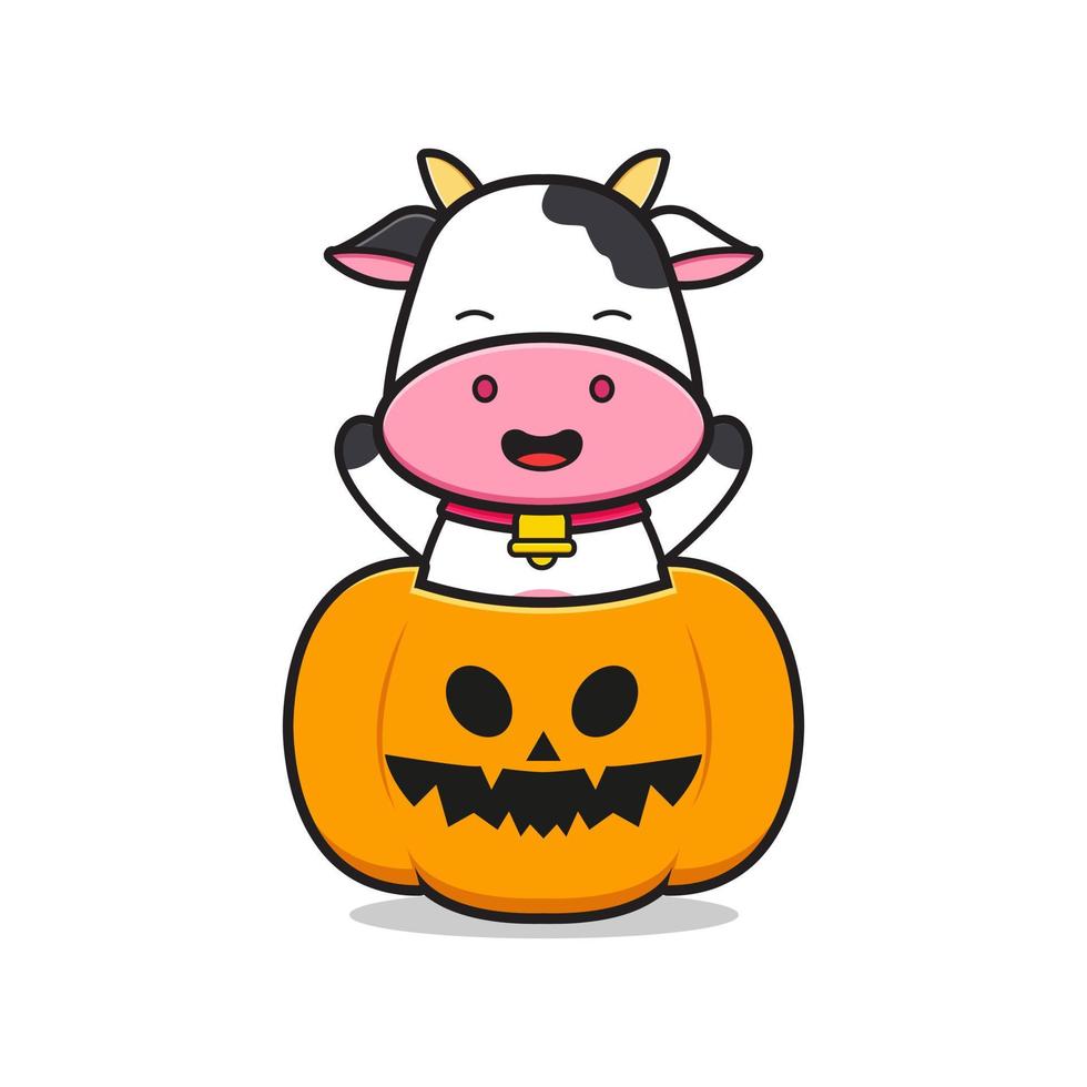 vaca linda con calabaza icono de mascota de halloween ilustración de dibujos animados estilo de dibujos animados plana vector