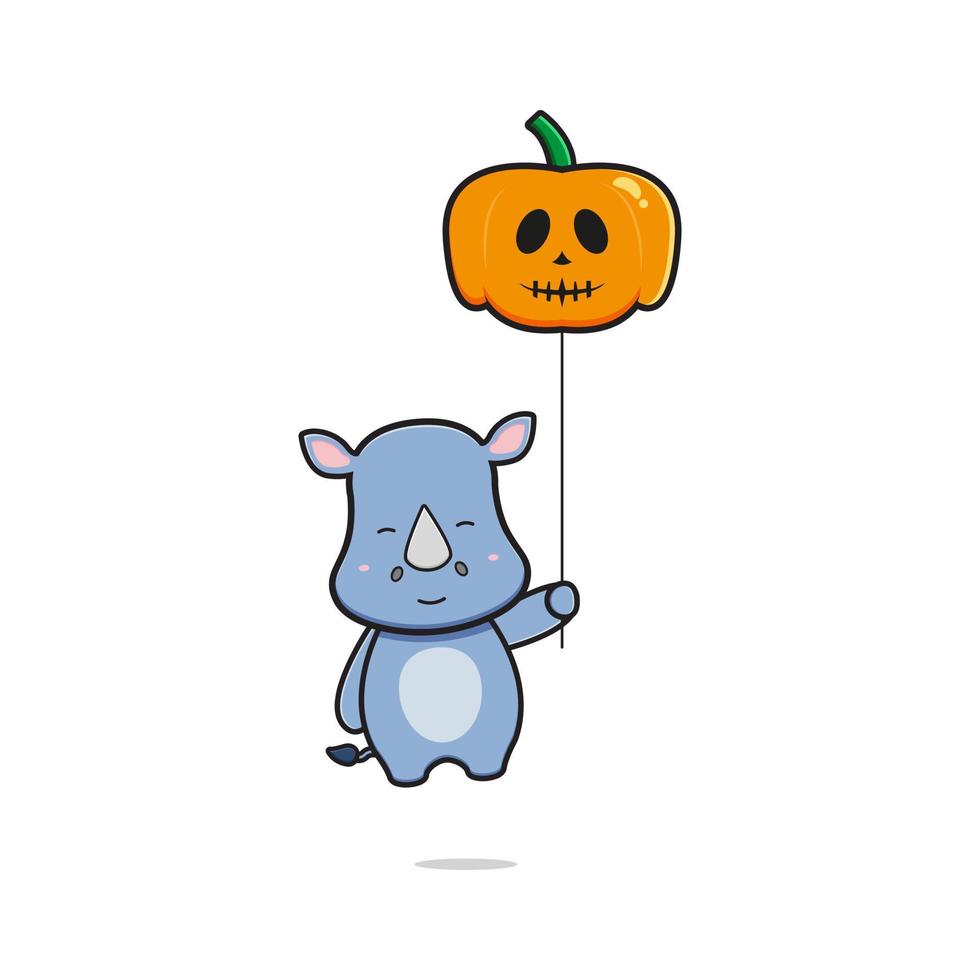 Cute rhino is flying with pumpkin balloon mascot icon cartoon illustration flat cartoon style vector