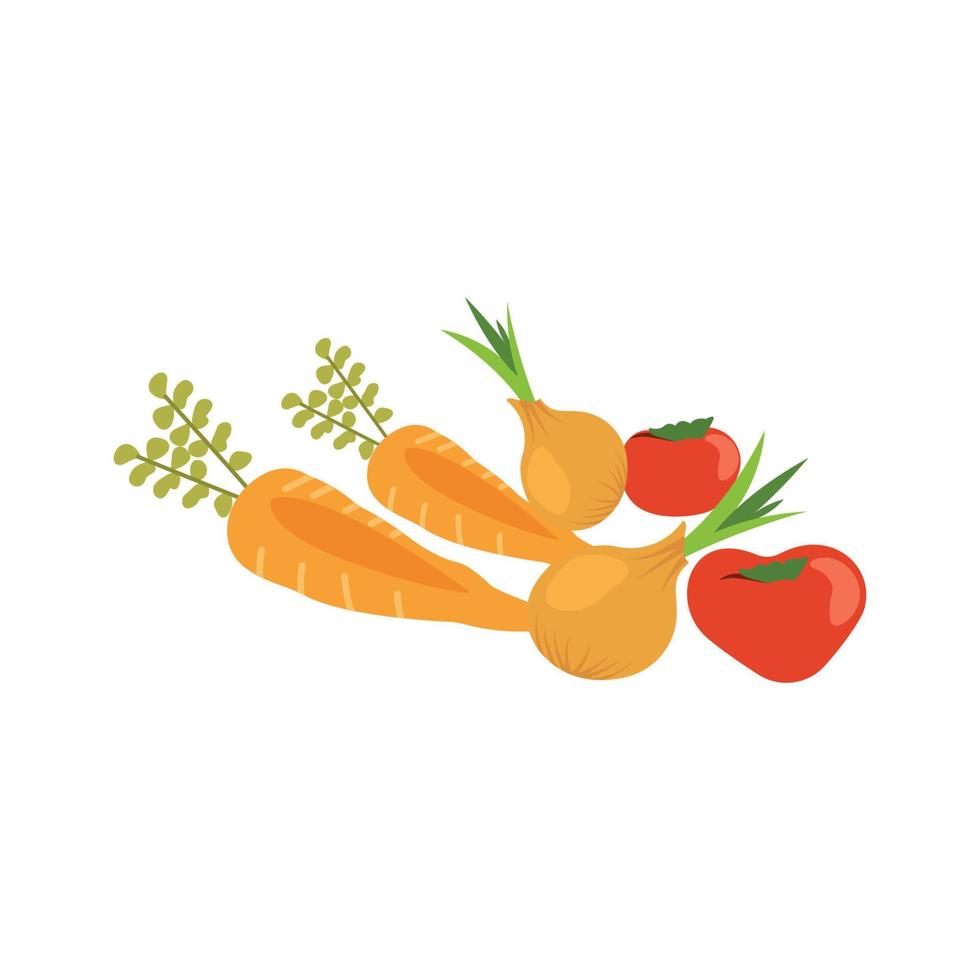 On a white background, carrots, tomatoes, and onions vector