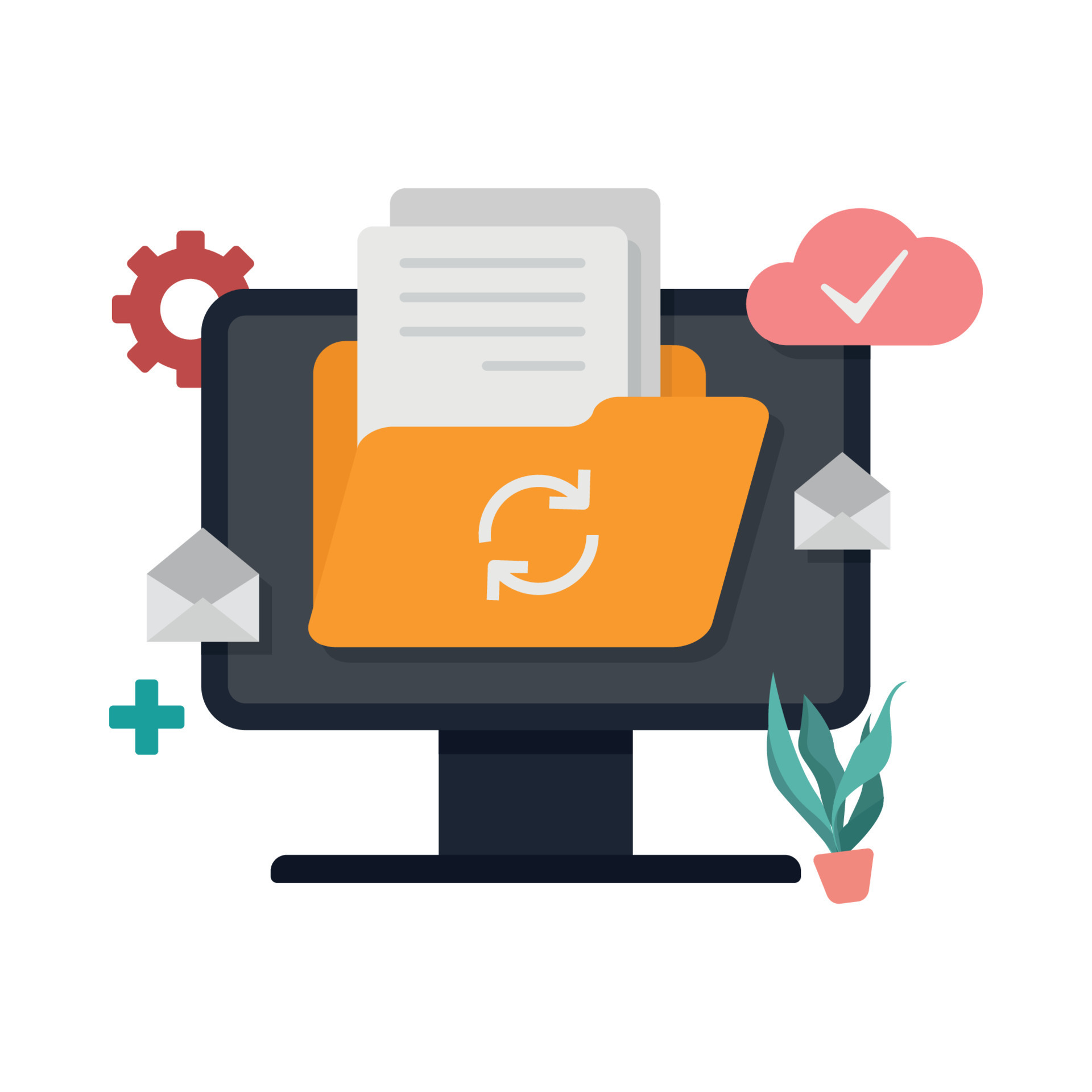 Cloud storage file organization app with data transferring illustration