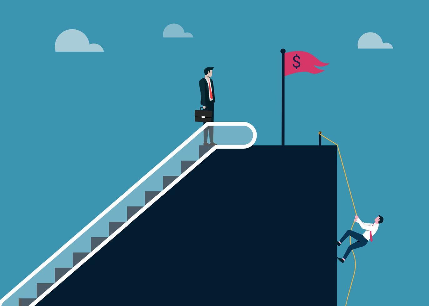 Smart work vs hard work concept. businessman climbs with elevator when another climb with rope. Work smarter to achieve better speed, efficiency and success vector
