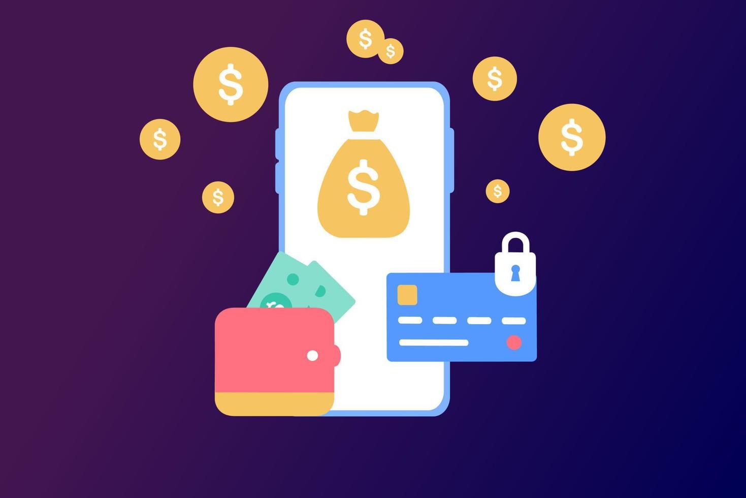 Bill payment with credit card for online shopping. Concept of payment processing, financial transactions, transfer, bank card, e-wallet for buying process, monetary currencies. Vector illustration.