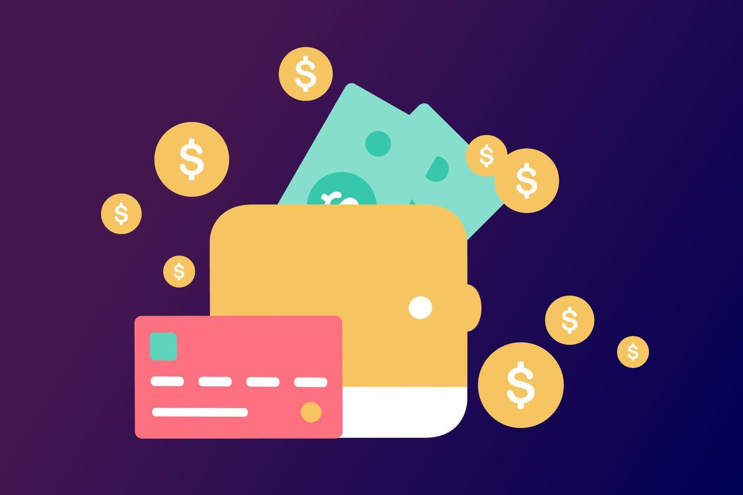 Bill payment with credit card for online shopping. Concept of payment processing, financial transactions, transfer, bank card, e-wallet for buying process, monetary currencies. Vector illustration.