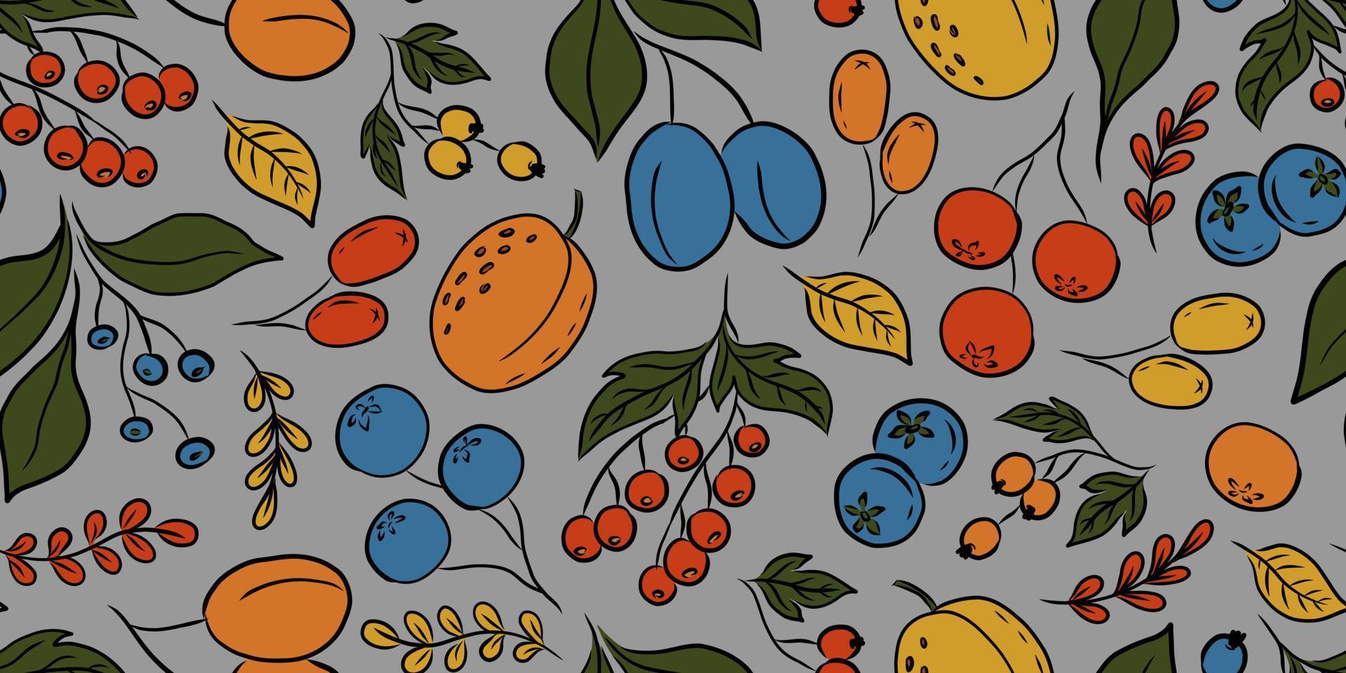 GRAY VECTOR SEAMLESS PATTERN WITH COLORFUL FRUITS AND BERRIES