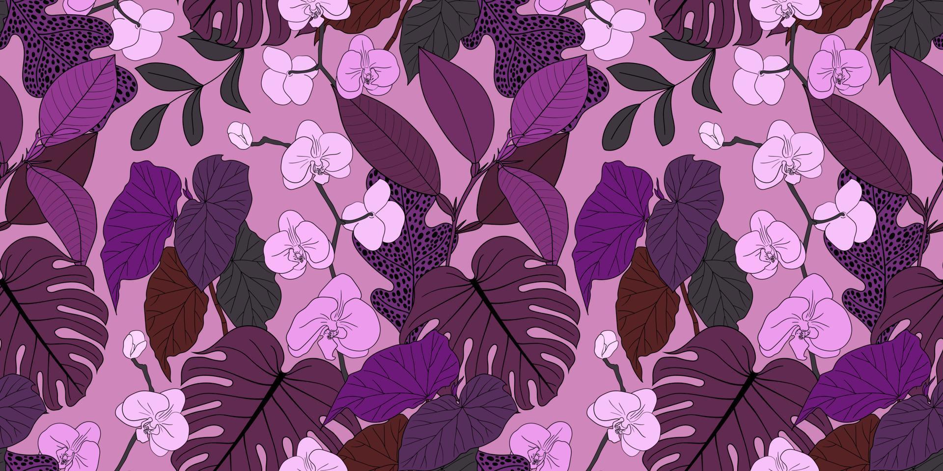 VECTOR SEAMLESS PINK BANNER WITH BLOOMING ORCHIDS AND COLORFUL TROPICAL PLANTS