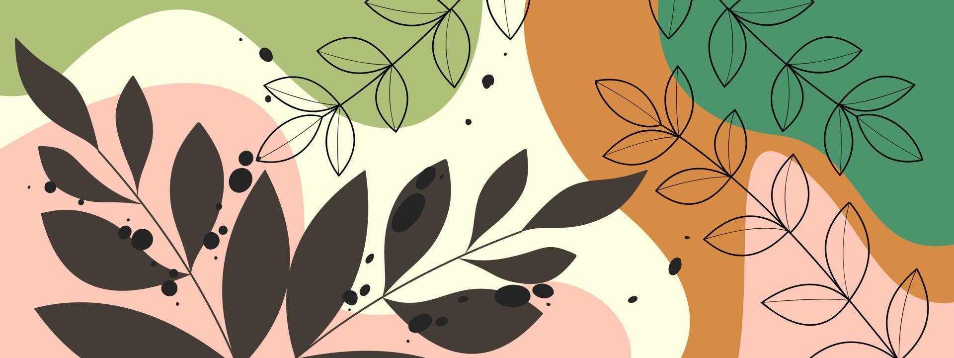 conjunto de vectores de arte de pared de paisaje botánico. hojas estéticas boho. diseño para impresión, portada, papel pintado, arte mural mínimo y natural. ilustración vectorial