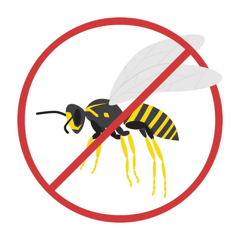 Wasp with a prohibition sign isolated on a white background. Image for insect repellent. Flat style. Vector illustration