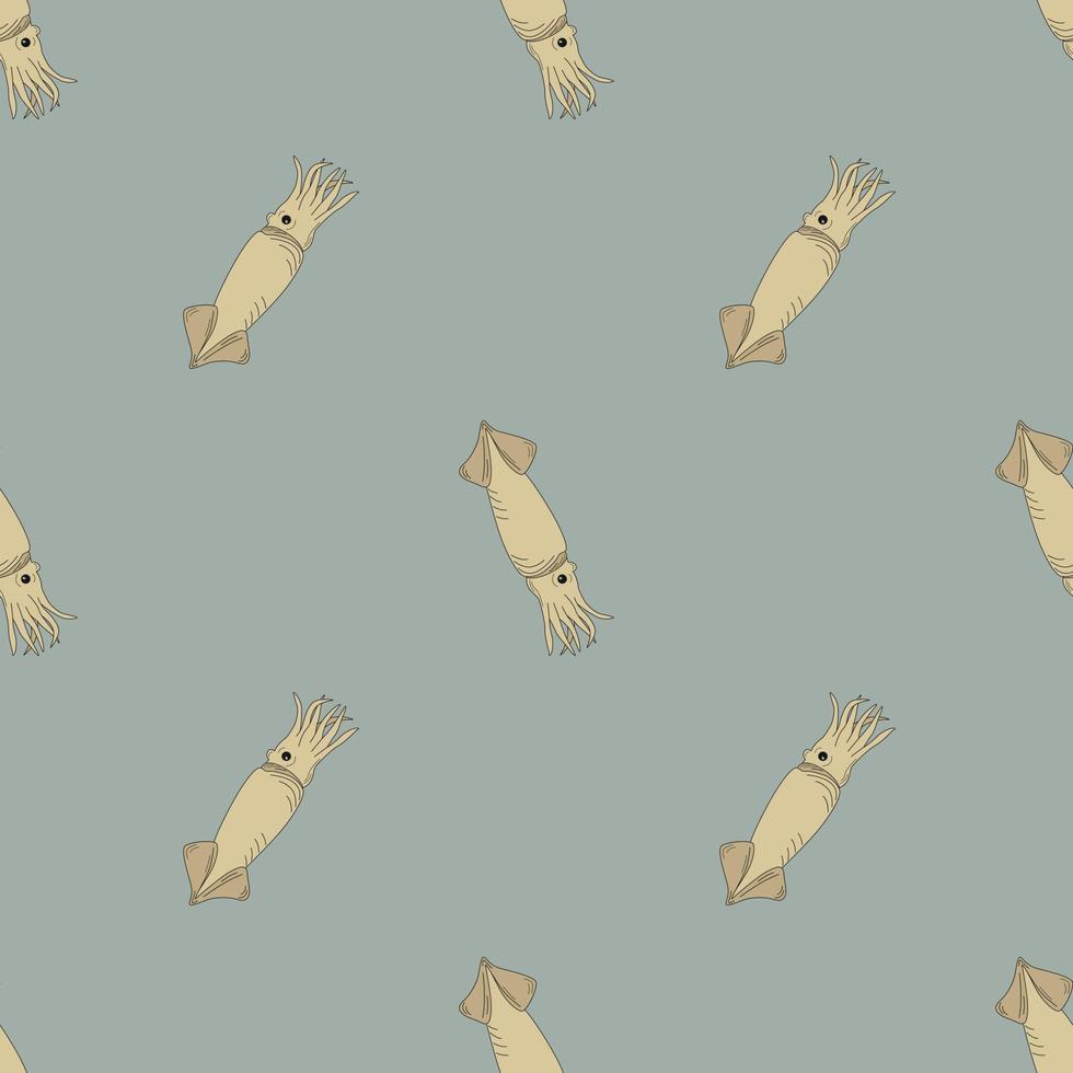 Seamless Pattern With Squid. A Flat Hand Drawn Vector Illustration. Sea Food.