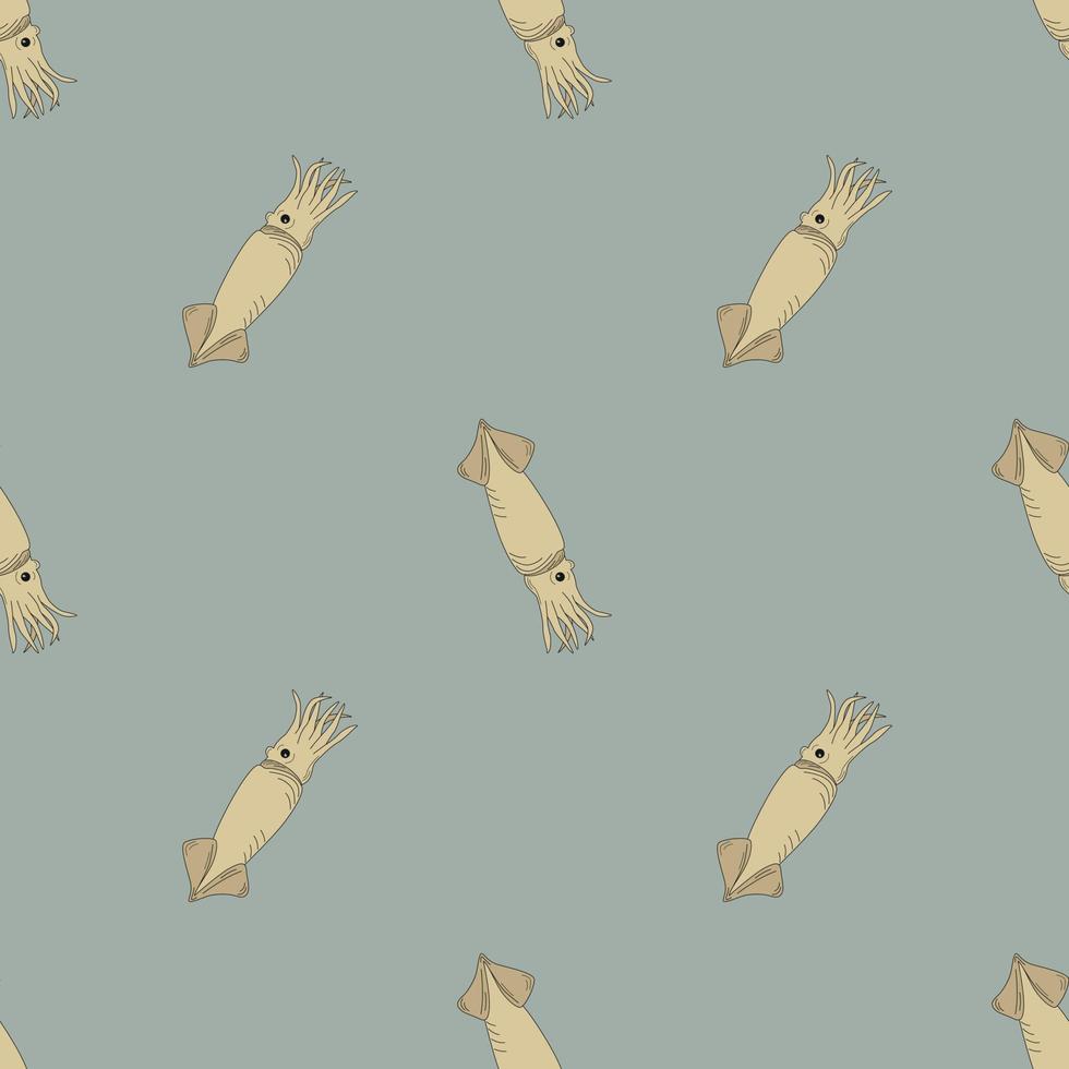 Seamless Pattern With Squid. A Flat Hand Drawn Vector Illustration. Sea Food.