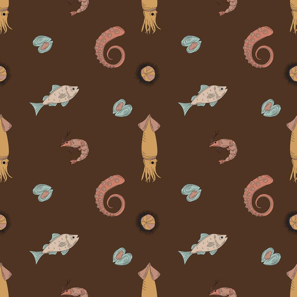 Seamless Pattern With Marine Animals. Flat Hand Drawn Vector Illustration. Sea Food.