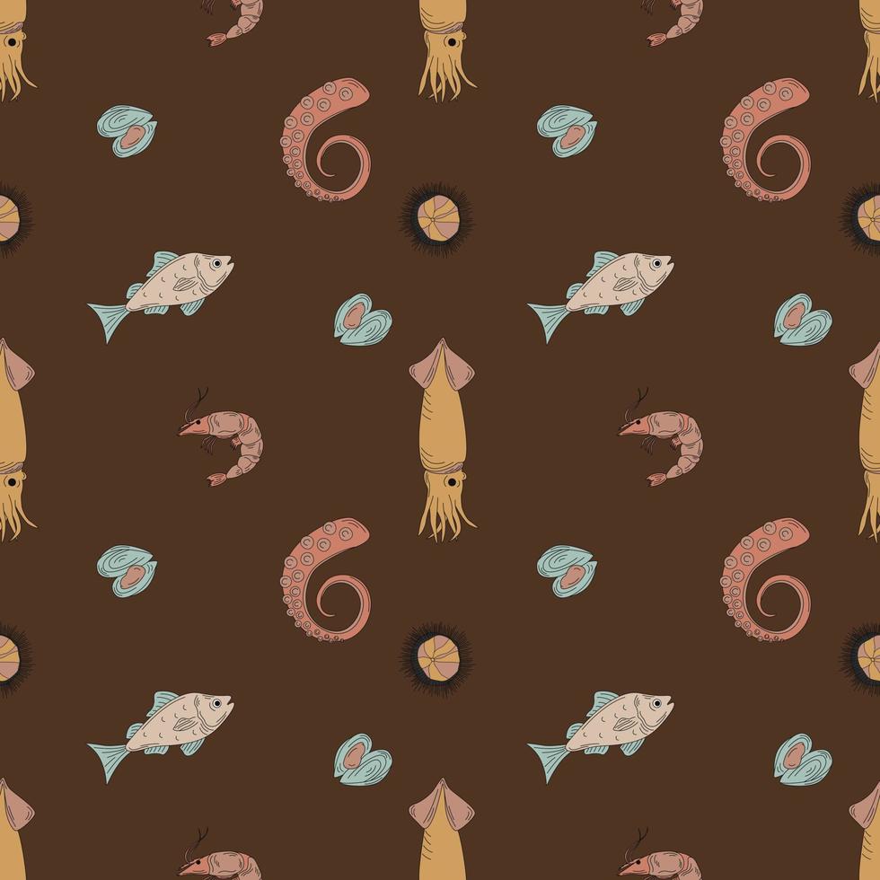 Seamless Pattern With Marine Animals. Flat Hand Drawn Vector Illustration. Sea Food.