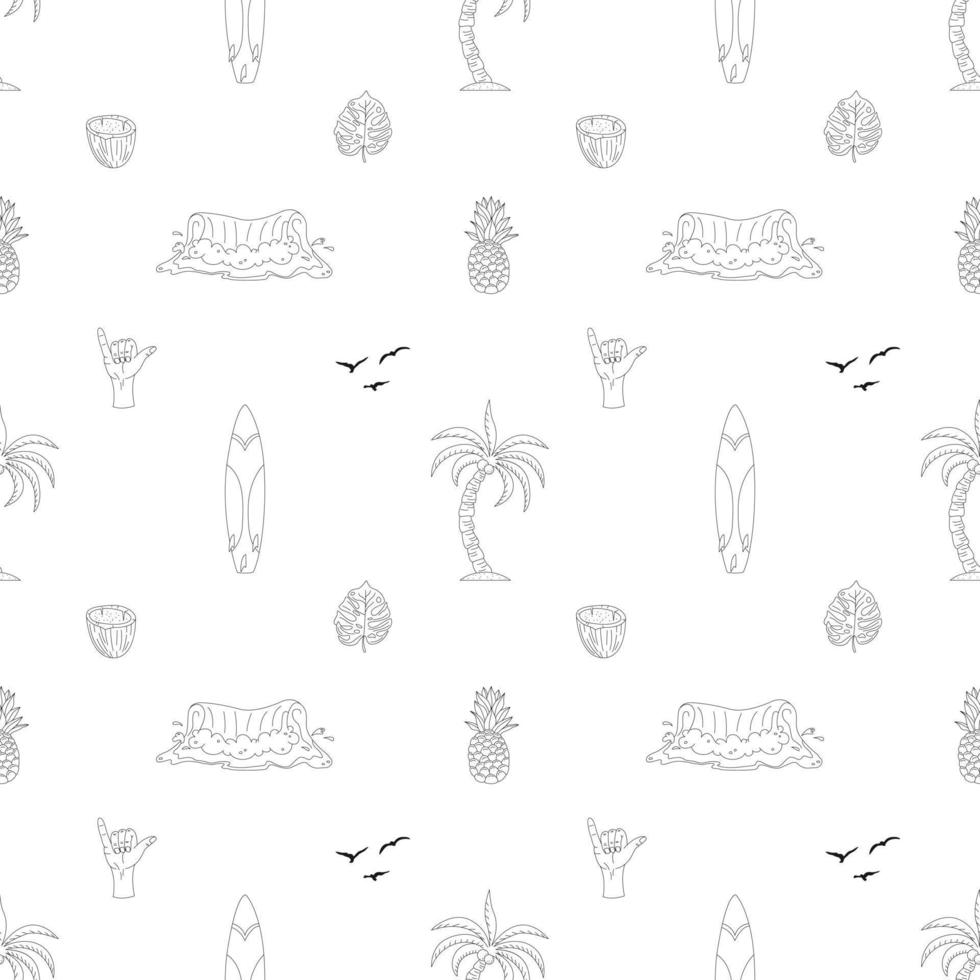 Seamless Pattern With Hand Drawn Elements With A Surf Theme. Wave, Surf, Palm Trees And More. vector