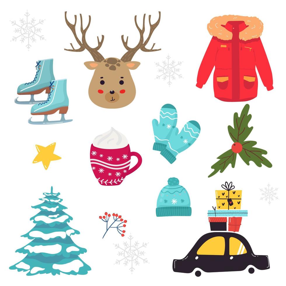 Vector set of holiday tree, car, gifts, deer, jacket, skates, cup of cream, mittens, hat. Kids illustration for Christmas time. Scrapbook collection. Winter greeting card. Happy New Year.