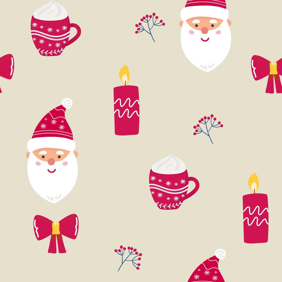 Seamless Christmas pattern with cartoon Santa Claus. Wrapping paper design. Perfect for holiday invitations, winter greeting cards, wallpaper and gift paper vector