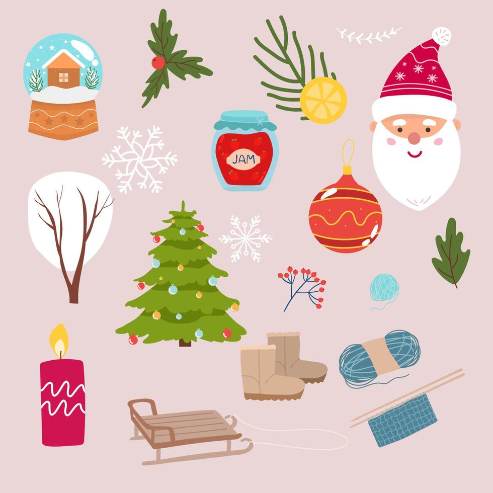 Set of Christmas and New Year elements with animals and Santa. Vector illustration. santa claus, christmas balls, deer, bow, calendar, cream cup, sock,