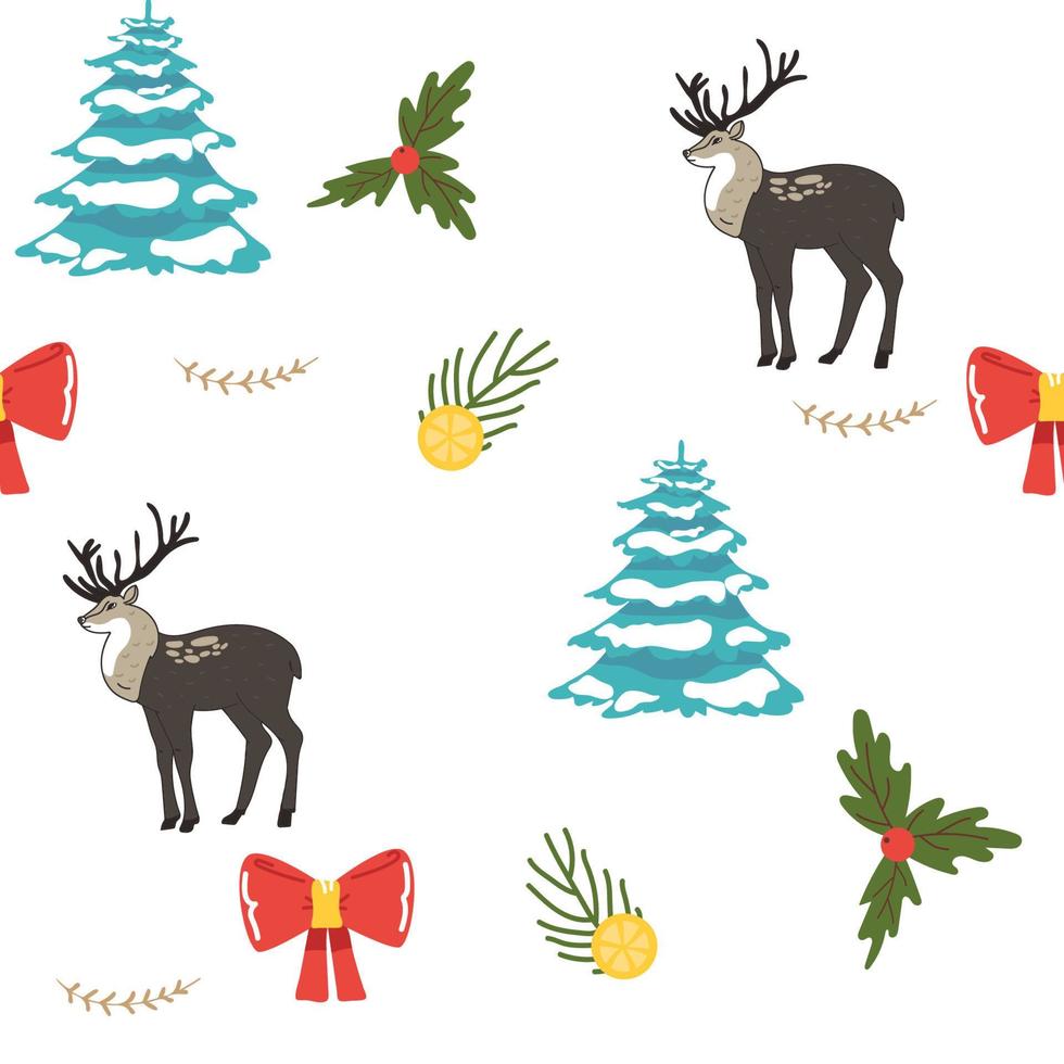 Seamless Vector deers pattern, winter Christmas and Happy New Year Day design background image with deer and snowflakes christmas tree