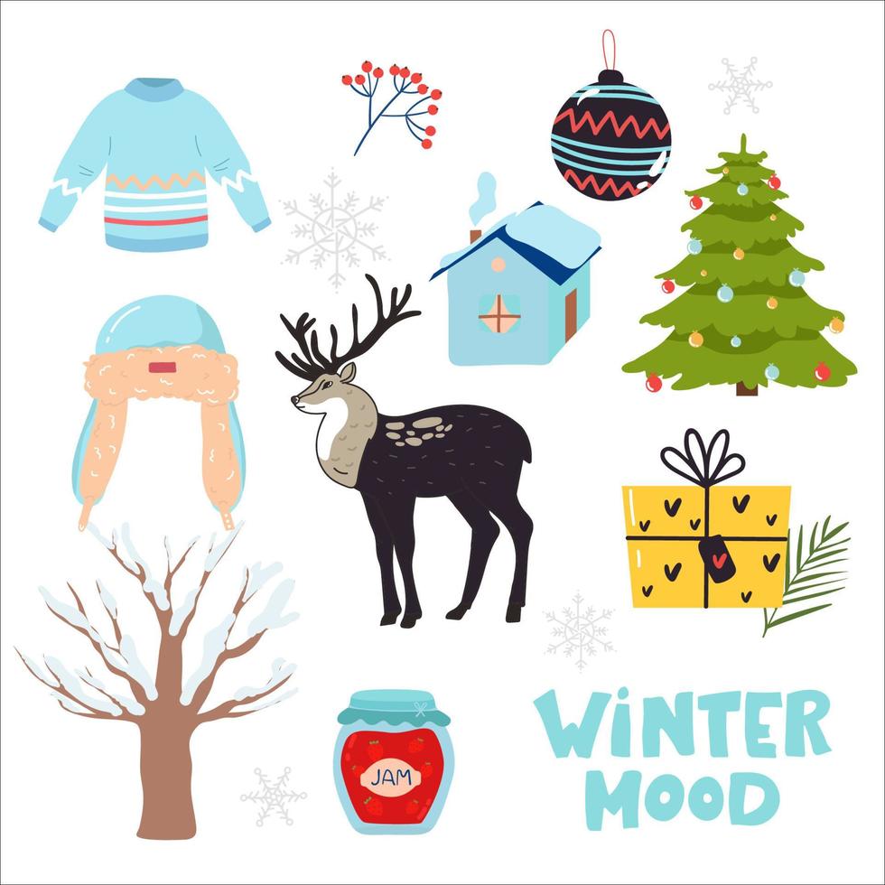 conjunto vectorial de iconos de vacaciones suéter, adornos navideños, galletas de jengibre, velas, regalo, muñeco de nieve. ilustración infantil para la época navideña. colección de álbumes de recortes. vector