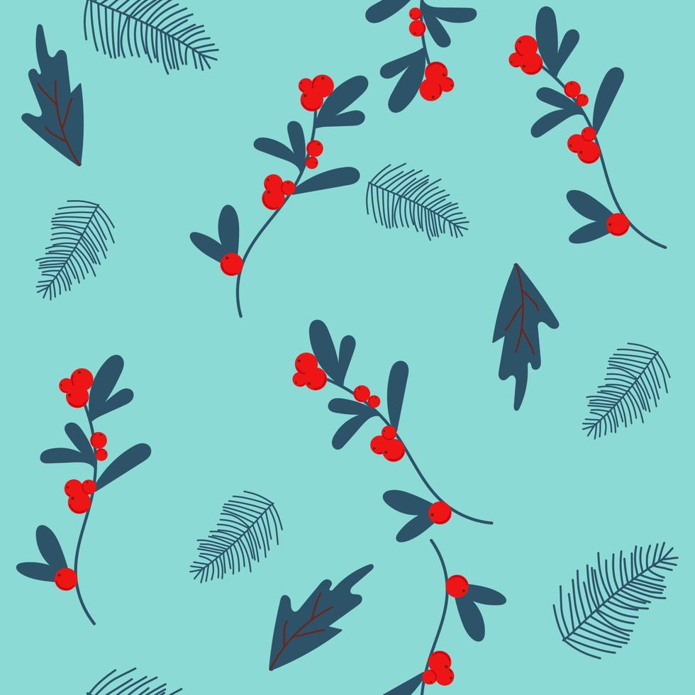 Merry Christmas, Happy New Year seamless pattern with fir cone, holly leaves and berries for greeting cards, wrapping papers. Seamless winter pattern. Vector illustration.
