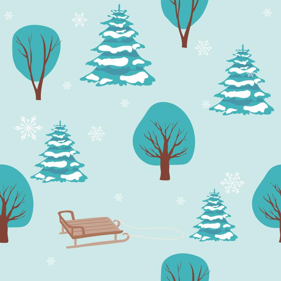 Beautiful seamless blue pattern with winter forest, vector