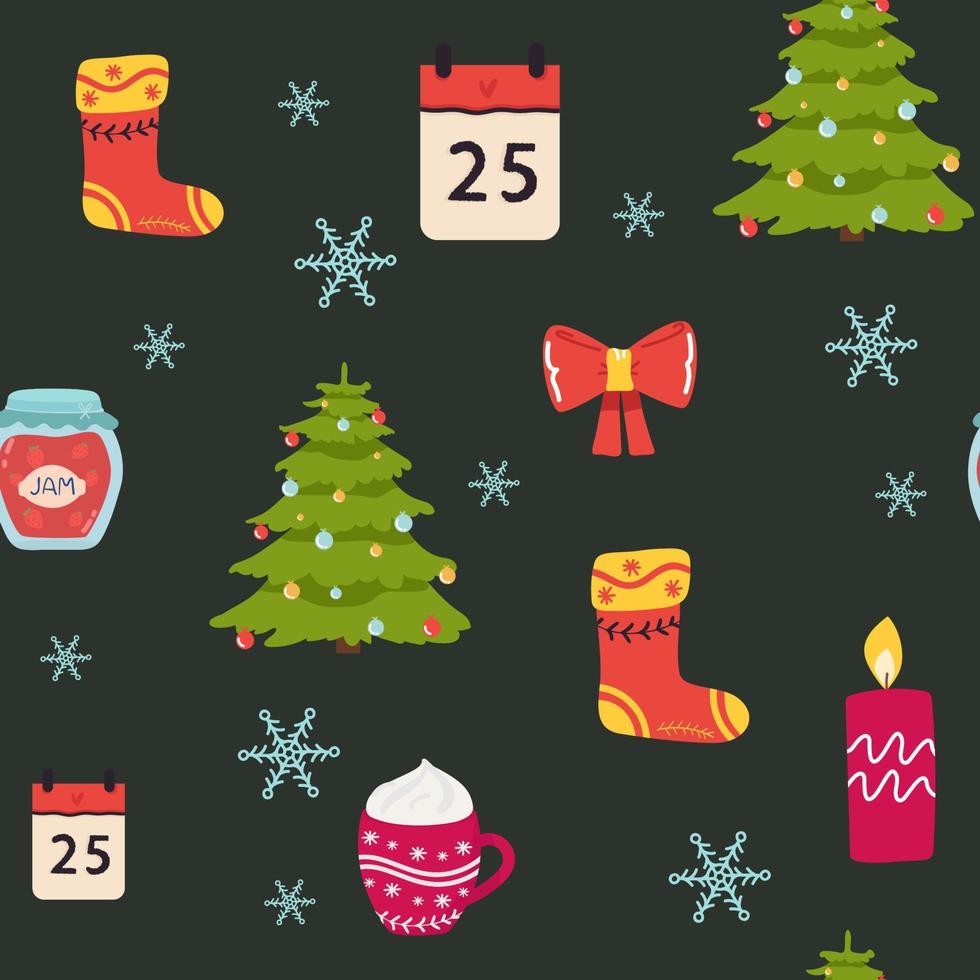 patrón plano vectorial sin costuras con íconos de feliz año nuevo y calcetín de Navidad, calendario, vela, árbol, arco, mermelada, copos de nieve, taza vector