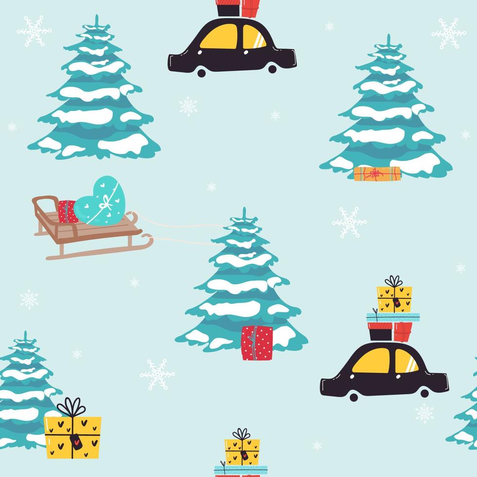 car with Christmas gifts vector seamless pattern. New Year decoration seamless texture. Textiles, wrapping paper, wallpaper design, packaging. Winter. Festive backdrop