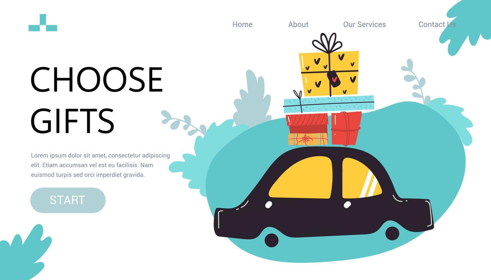 Landing page. Banner for web Gift boxes on the car. Merry christmas stylized typography. Vector flat style illustration for New Year promotion, New Year offer, discounts, gifts