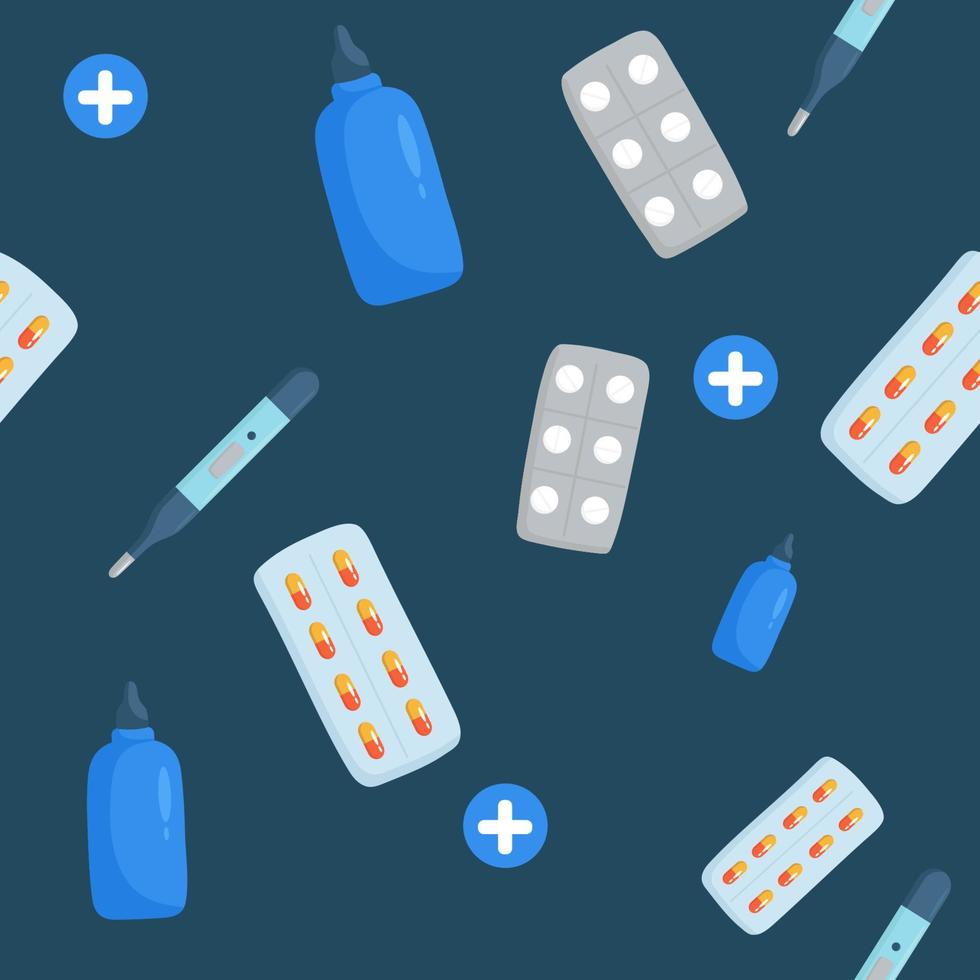 Medicine vector seamless pattern. Healthcare illustration for children. Doctor tools. Medicine time concept. Medicine bottle, capsules, pills in flat design. Medication time.