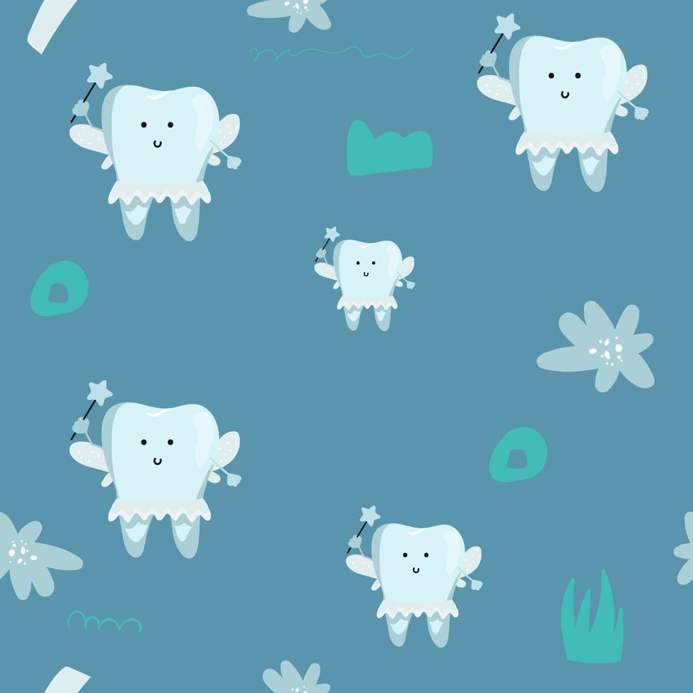 First tooth fairy kawaii seamless pattern with a girl teeth characters in a skirt and a crown. Pastel blue background with stars for tablecloth, textile printing. vector