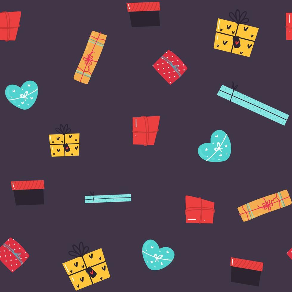 Cute gift boxes seamless pattern. Vector colorful festive background with present boxes and confetti. For wrapping paper, wallpapers, fabric print.