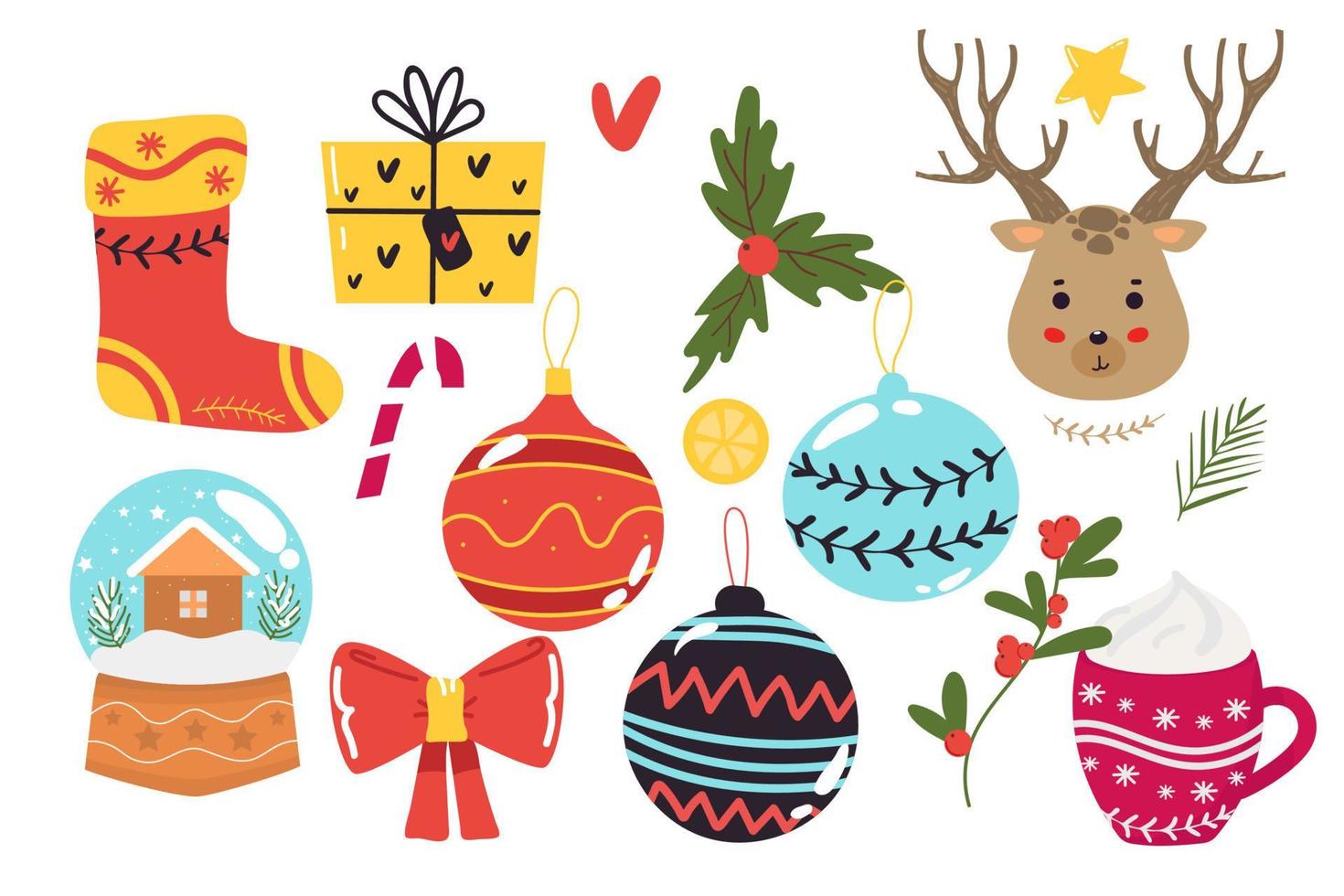 Set of Christmas and New Year elements with animals and Santa. Vector illustration. sock, gift, deer, toys, glass ball, cup, bow