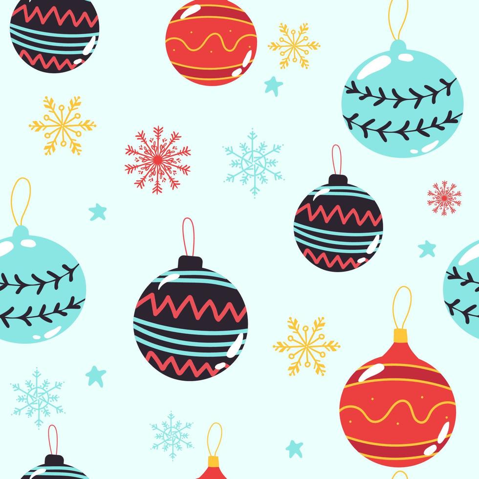 Christmas seamless pattern with balls, baubles, cones, bows blue background. Perfect for holiday invitations, winter greeting cards, wallpaper and gift paper vector