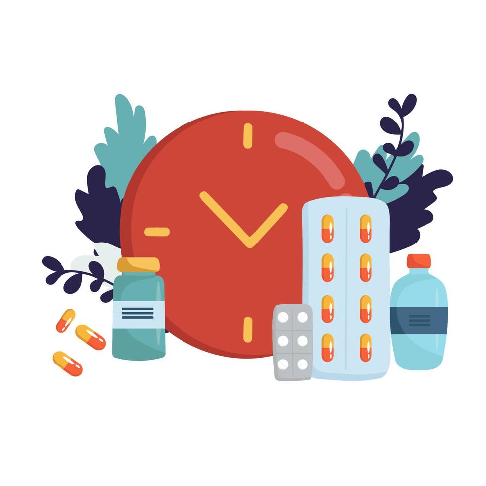 Time for your medicine, Medicine time concept. Medicine bottle, capsules, pills with clock on background in flat design. Medication time. vector