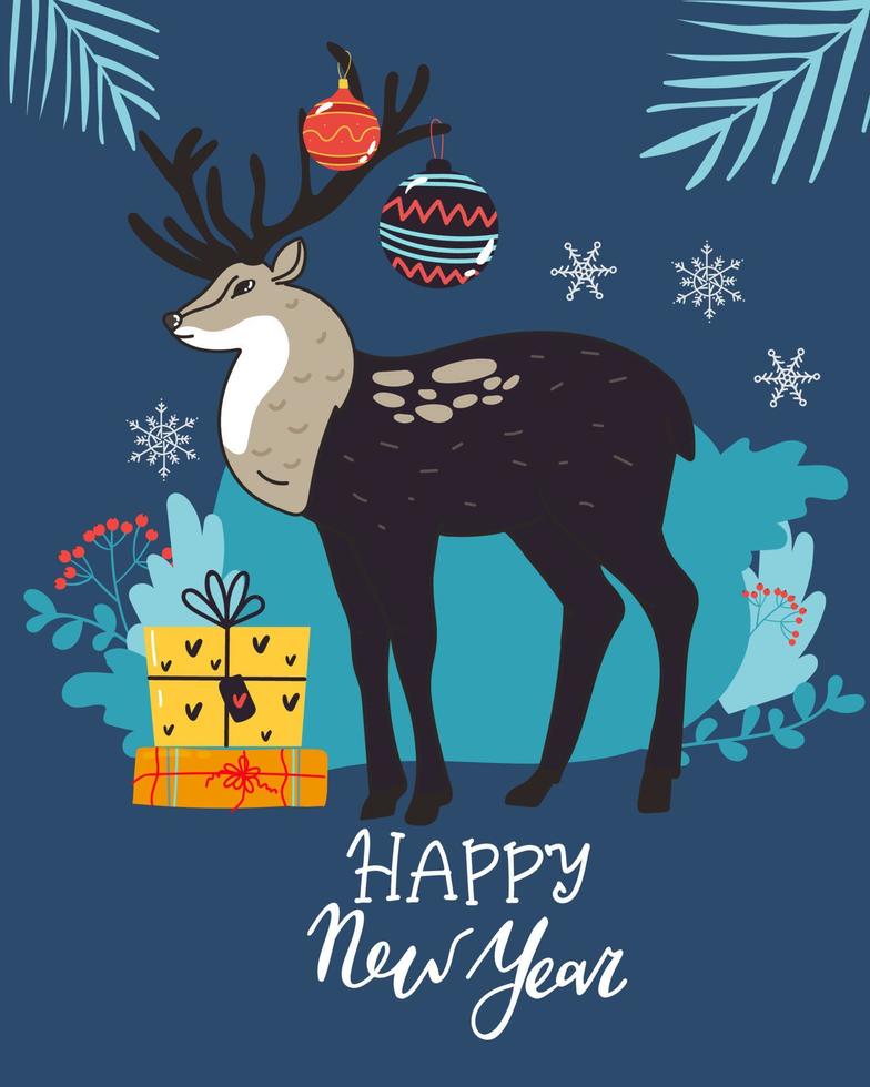 Christmas pattern with lettering and deer and snowflakes. Tree decoration. Happy New Year blue background. Vector colorful template for greeting card.