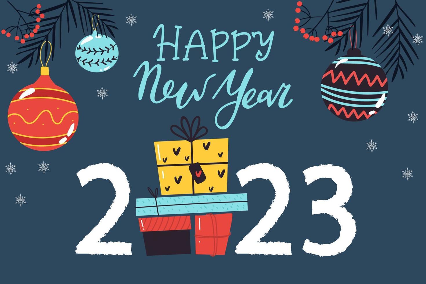 Brush stroke 2023 illustration for New Year greeting card. Vector template for banner, web, social network, cover and calendar. Grunge sign 2023 isolated with gifts.