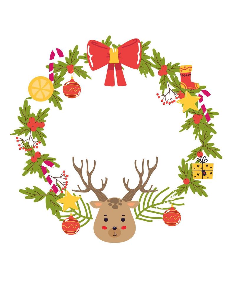 Merry Christmas wreath with text, deer. Green fir twigs and red berries. Vector illustration. Nature design greeting card template. Winter xmas holidays,