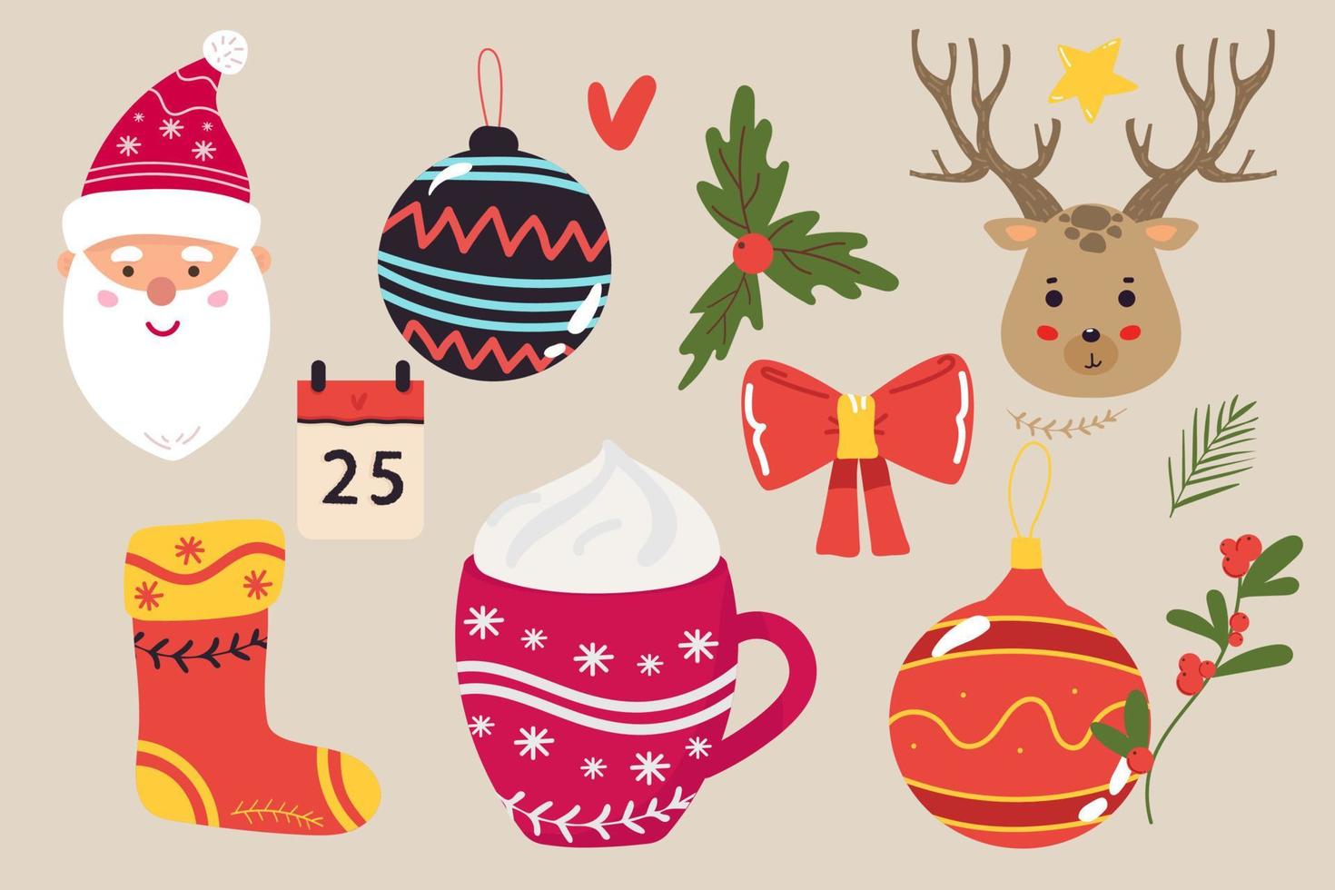 Set of Christmas and New Year elements with animals and Santa. Vector illustration. santa claus, christmas balls, deer, bow, calendar, cream cup, sock