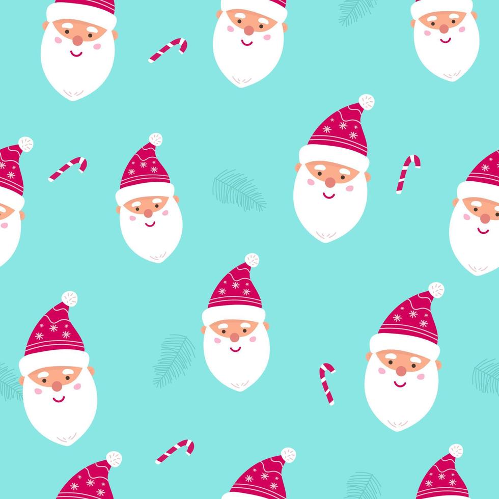 Seamless Christmas pattern with cartoon Santa Claus. Wrapping paper design. Perfect for holiday invitations, winter greeting cards, wallpaper and gift paper vector