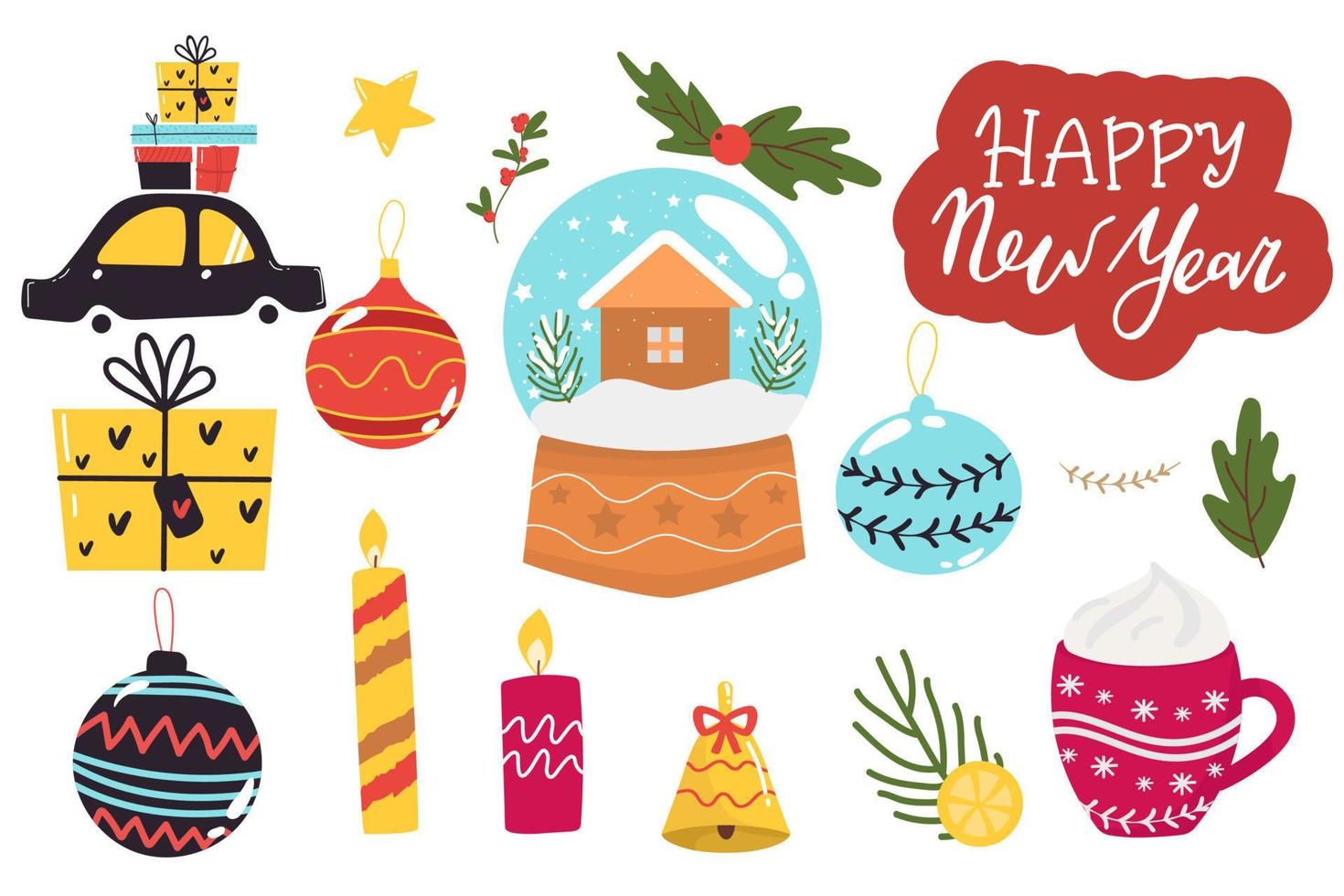 conjunto de elementos de navidad y año nuevo con coche con regalos, calendario de bolas, bola de cristal, arco, letras feliz año nuevo, velas, campana. ilustración vectorial vector