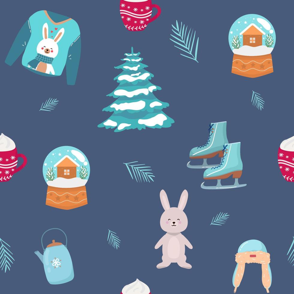 Vector seamless flat pattern with icons deer, tree, car, gifts, mittens, hat, skates, jacket, cup of Happy New Year and Christmas Day,