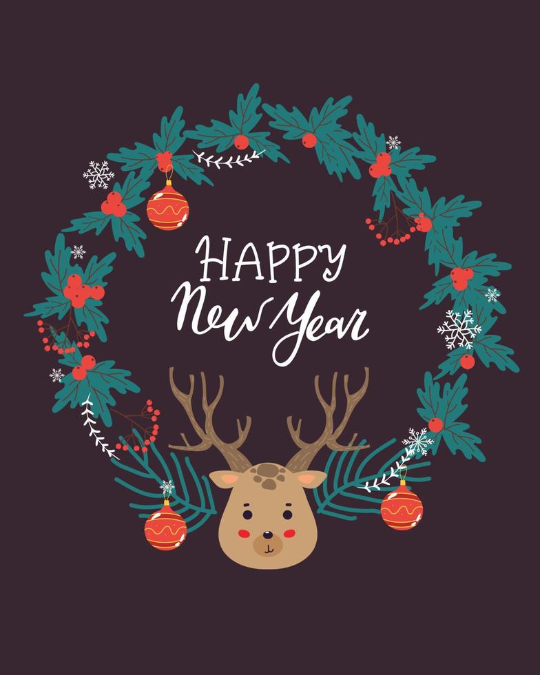 Merry Christmas wreath with text, deer. Green fir twigs and red berries. Vector illustration. Nature design greeting card template. Winter xmas holidays