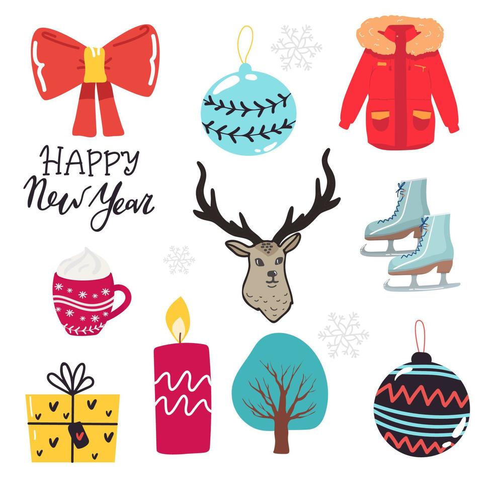 Vector set of holiday tree, car, gifts, deer, jacket, skates, cup of cream, mittens, hat. Kids illustration for Christmas time. Scrapbook collection. Winter greeting card. Happy New Year.