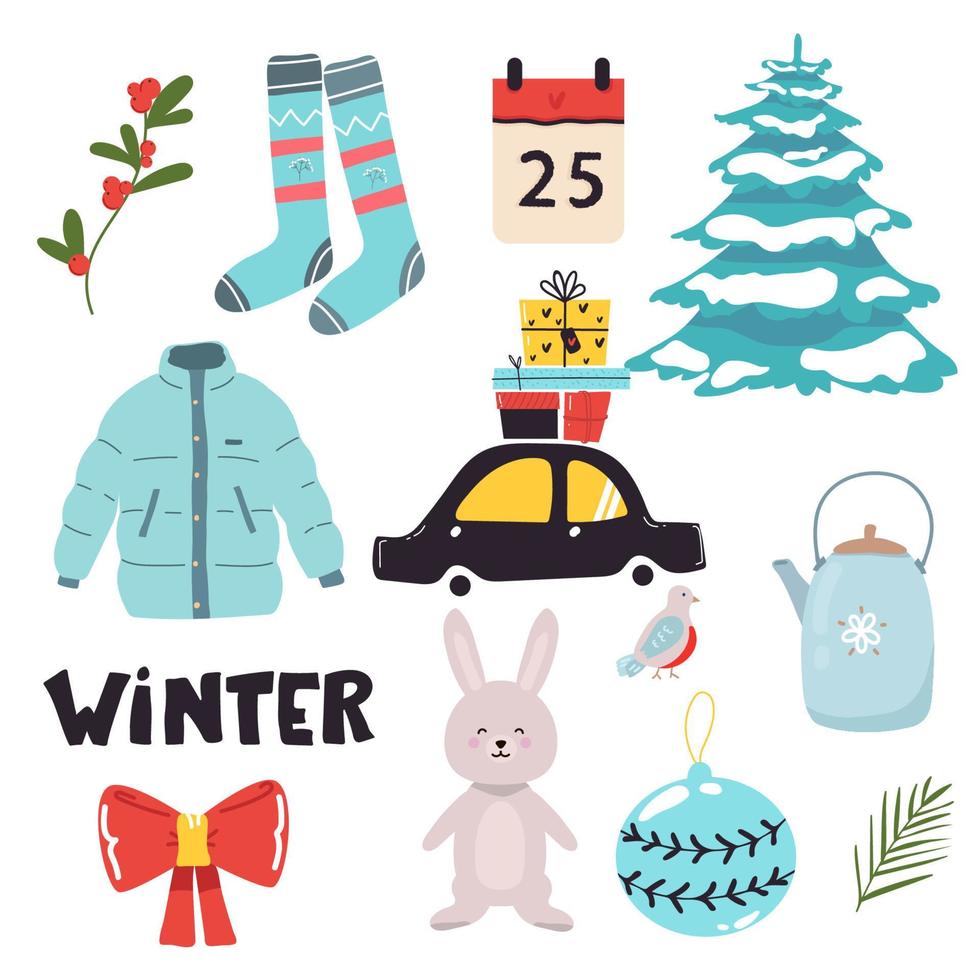 Vector set of holiday icons car, jacket, socks, bow, hare, Christmas tree, teapot, gifts, Christmas decorations, calendar. for Christmas time. Scrapbook collection. greeting card Happy New Year