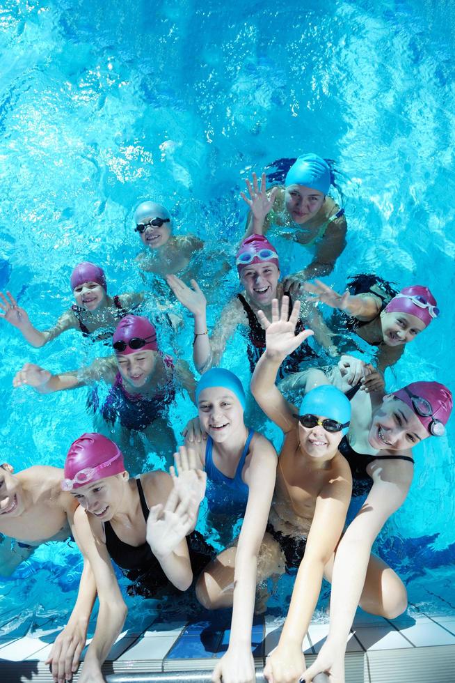 happy children group  at swimming pool photo