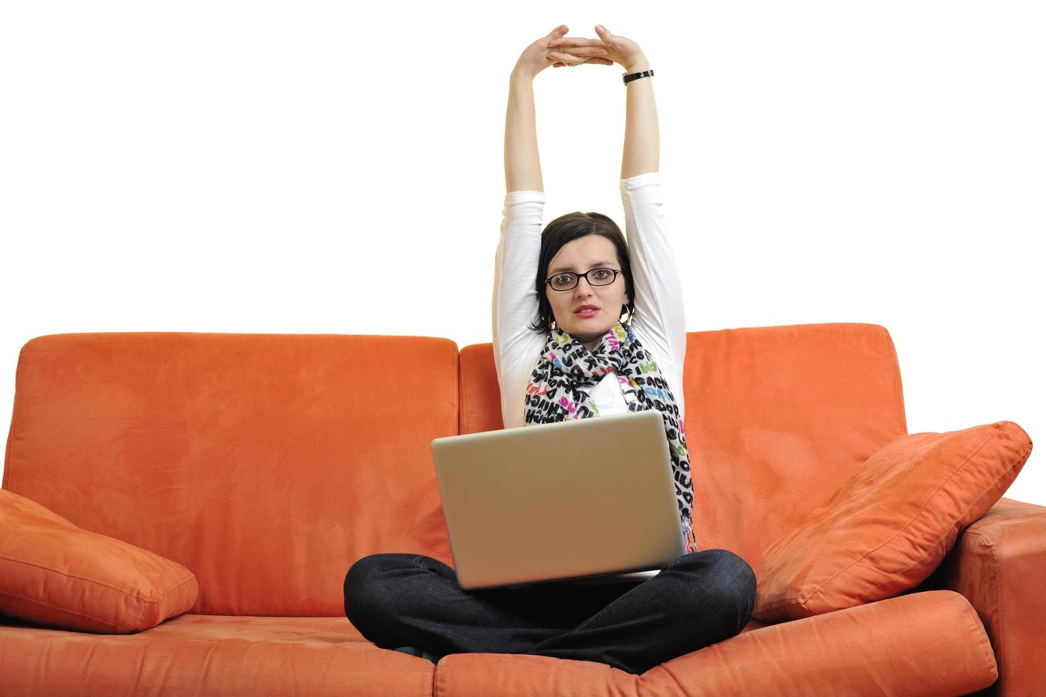 woman using a laptop computer at home photo