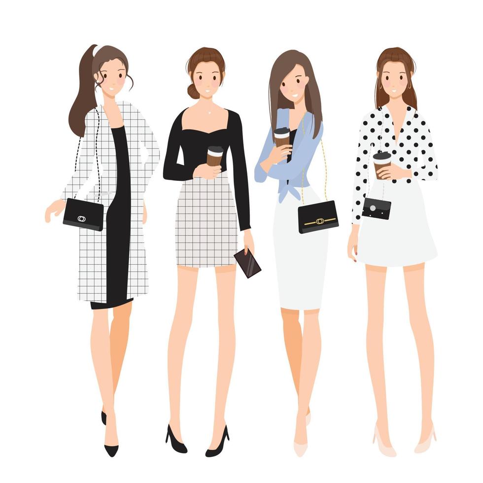 fashionable woman in black and white working outfit flat style cartoon collection vector